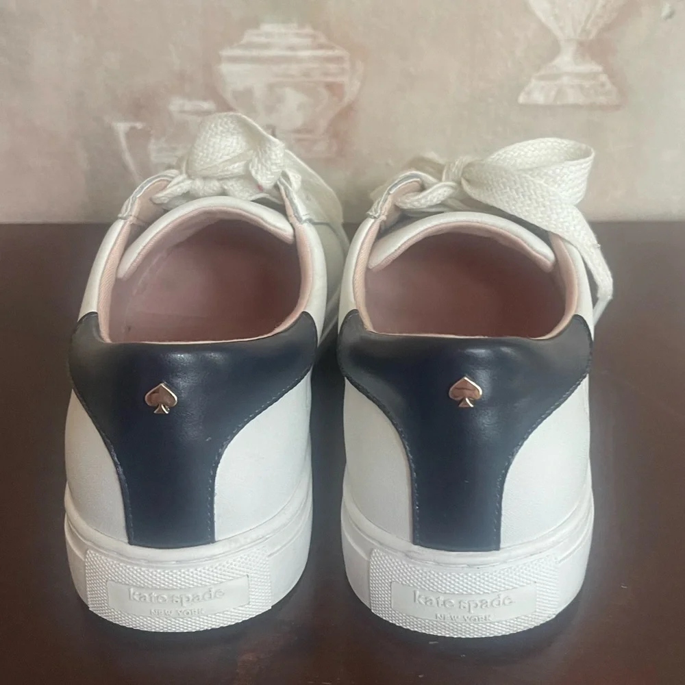 KATE SPADE WHITE LEATHER TRAINER SNEAKERS BLACK ACCENTS 8.5